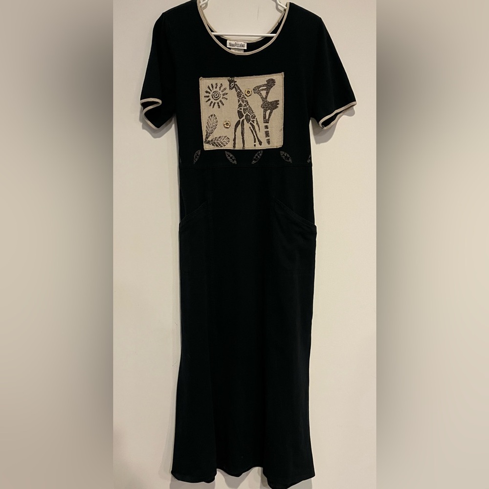Vintage Nina Piccalino Black Cotton Dress with Artistic Ethnic  Design